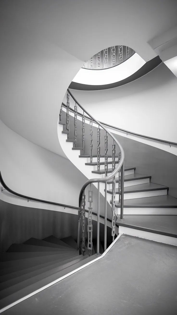 This modern circular staircase, a stunning example of minimalist staircase design, maximizes space with its elegant spiral staircase design and wide interior stairs. The two-toned staircase and creative stair railings complete this Scandinavian staircase design, offering inspiring interior stairs ideas for small space stair design.