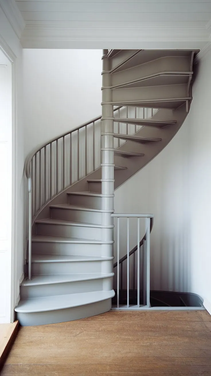 This elevation staircase, a masterpiece of modern staircase design, maximizes space with its minimalist spiral design. The two-toned staircase and creative stair railings add a touch of Scandinavian chic to this small space stair design, offering wide interior stairs with a surprising sense of openness.
