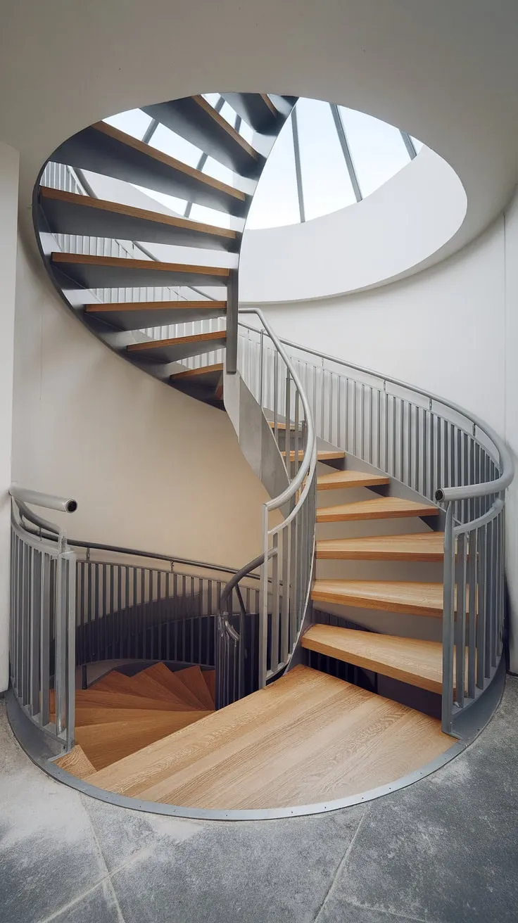 A breathtaking elevation staircase in a Scandinavian style. This small space stair design cleverly utilizes a modern circular staircase and spiral staircase design, showcasing a minimalist staircase design with wide interior stairs and a striking two-toned staircase of oak and steel. Note the creative stair railings and modern staircase design.