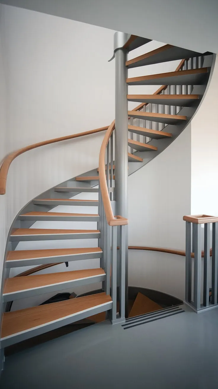 A modern staircase design with a captivating spiral form. This two-toned elevation staircase, an ideal small space stair design, gracefully ascends within a wide interior. The minimalist staircase design is enhanced by creative stair railings and embodies the clean lines of Scandinavian staircase design, offering inspiring interior stairs ideas.