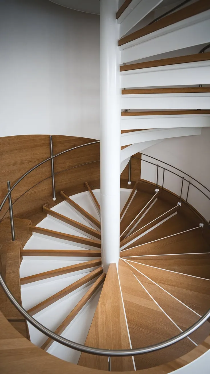 This stunning two-toned staircase, a testament to modern minimalist design, gracefully ascends within a wide interior. The spiral staircase design, featuring a creative circular railing and a clever blend of white steel and natural wood, makes optimal use of space, offering a perfect small space stair design solution. This Scandinavian staircase design exemplifies innovative elevation staircase solutions and provides inspiring interior stairs ideas.