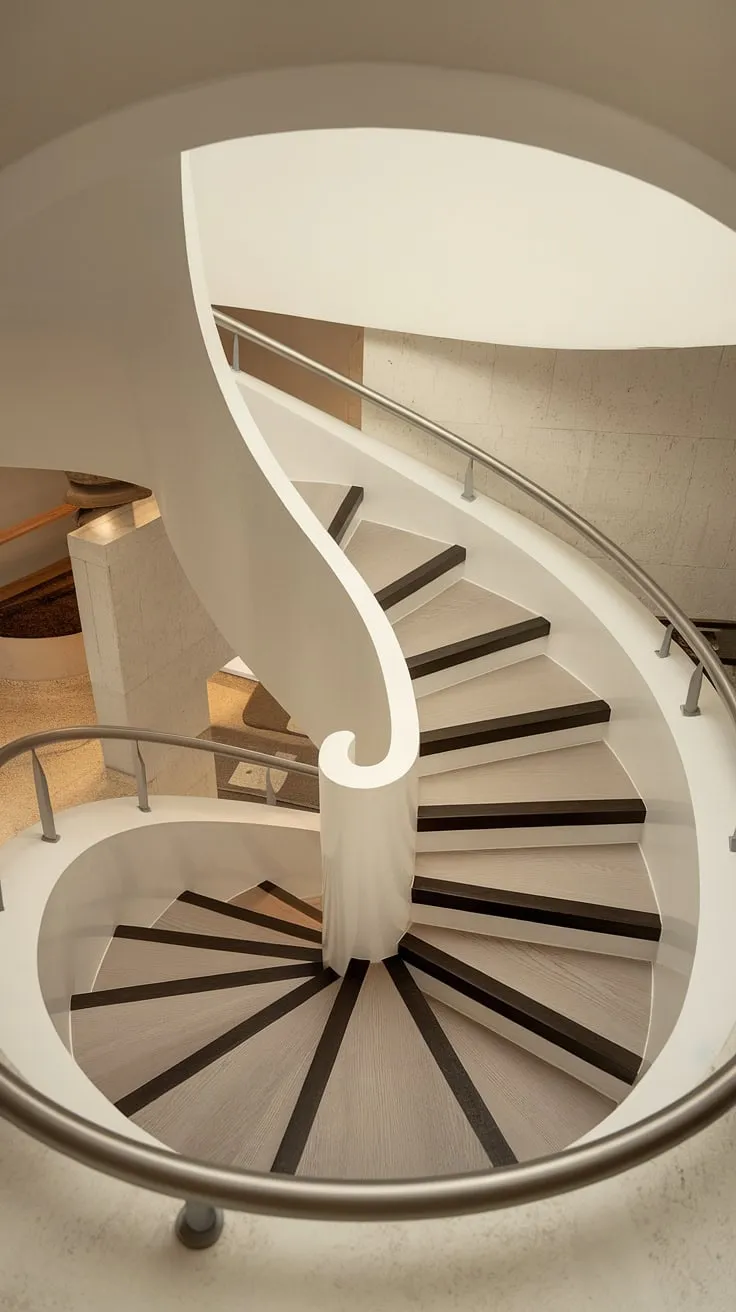 A small space stair design solution redefined: this modern circular staircase boasts a wide interior, two-toned staircase treads, and elegant, curved creative stair railings. The perfect example of minimalist staircase design and a stunning addition to any interior stairs ideas.