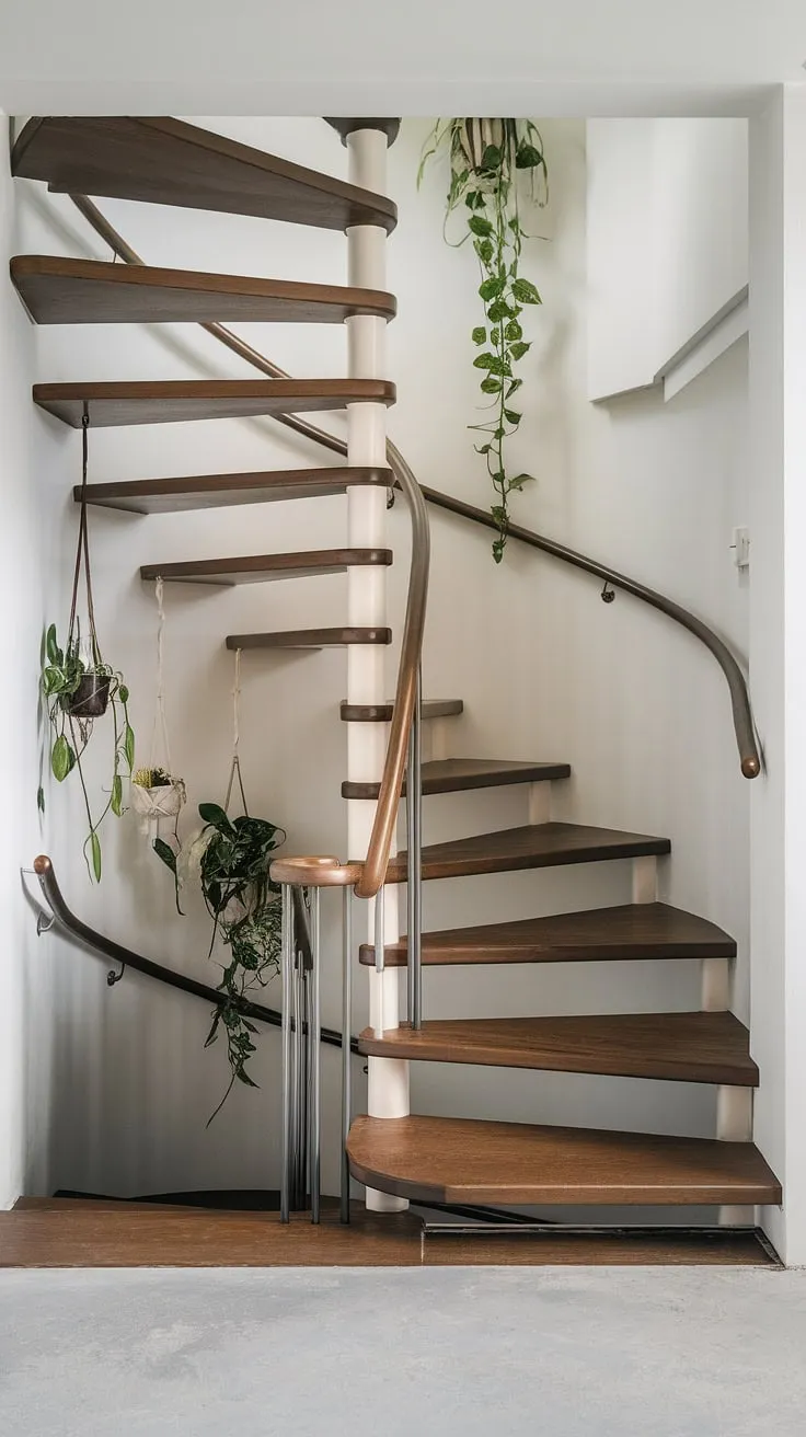 A spiral staircase design with a difference. This small space stair design cleverly utilizes a two-toned, wide interior stairs approach, showcasing a minimalist staircase design within a Scandinavian setting. The dark wood and sleek steel rod creative stair railings create a modern staircase design that's both functional and visually striking. This elevation staircase is a testament to innovative modern circular staircase solutions and offers plenty of interior stairs ideas for those with limited space.