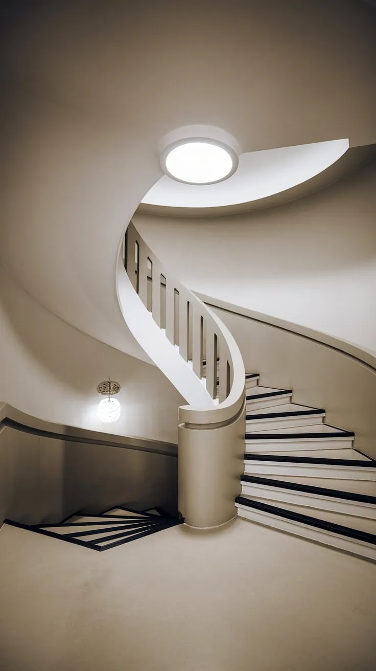 This modern circular staircase, a stunning example of minimalist staircase design, maximizes space in this wide interior.  The two-toned staircase and creative stair railings add a touch of Scandinavian staircase design, offering a perfect blend of functionality and artistry in this small space stair design.  A true elevation staircase showcasing the best in interior stairs ideas.