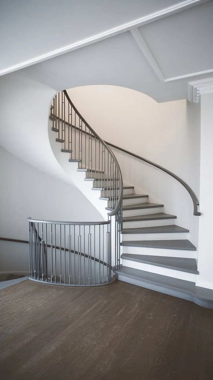 A breathtaking elevation staircase, this modern staircase design seamlessly blends form and function. The wide interior stairs of this two-toned staircase ascend in a captivating spiral staircase design, perfect for a small space stair design.  The minimalist staircase design, accented by creative stair railings and a Scandinavian staircase design aesthetic, offers a truly unique and inspiring addition to any modern home.