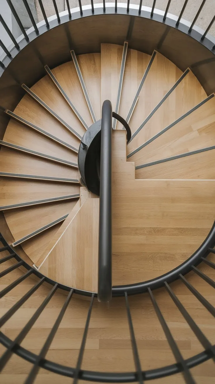 A small space transformed! This two-toned staircase, a masterpiece of modern staircase design, showcases a minimalist staircase design with wide interior stairs. The spiral staircase design and creative stair railings are hallmarks of Scandinavian staircase design, making this elevation staircase a perfect example of small space stair design and offering fresh interior stairs ideas.