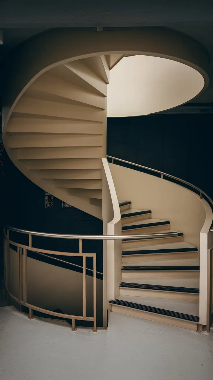This elevation staircase, a minimalist masterpiece in a small space, showcases a modern staircase design with a two-toned finish and creative stair railings. The wide interior stairs and spiral staircase design create a stunning focal point.