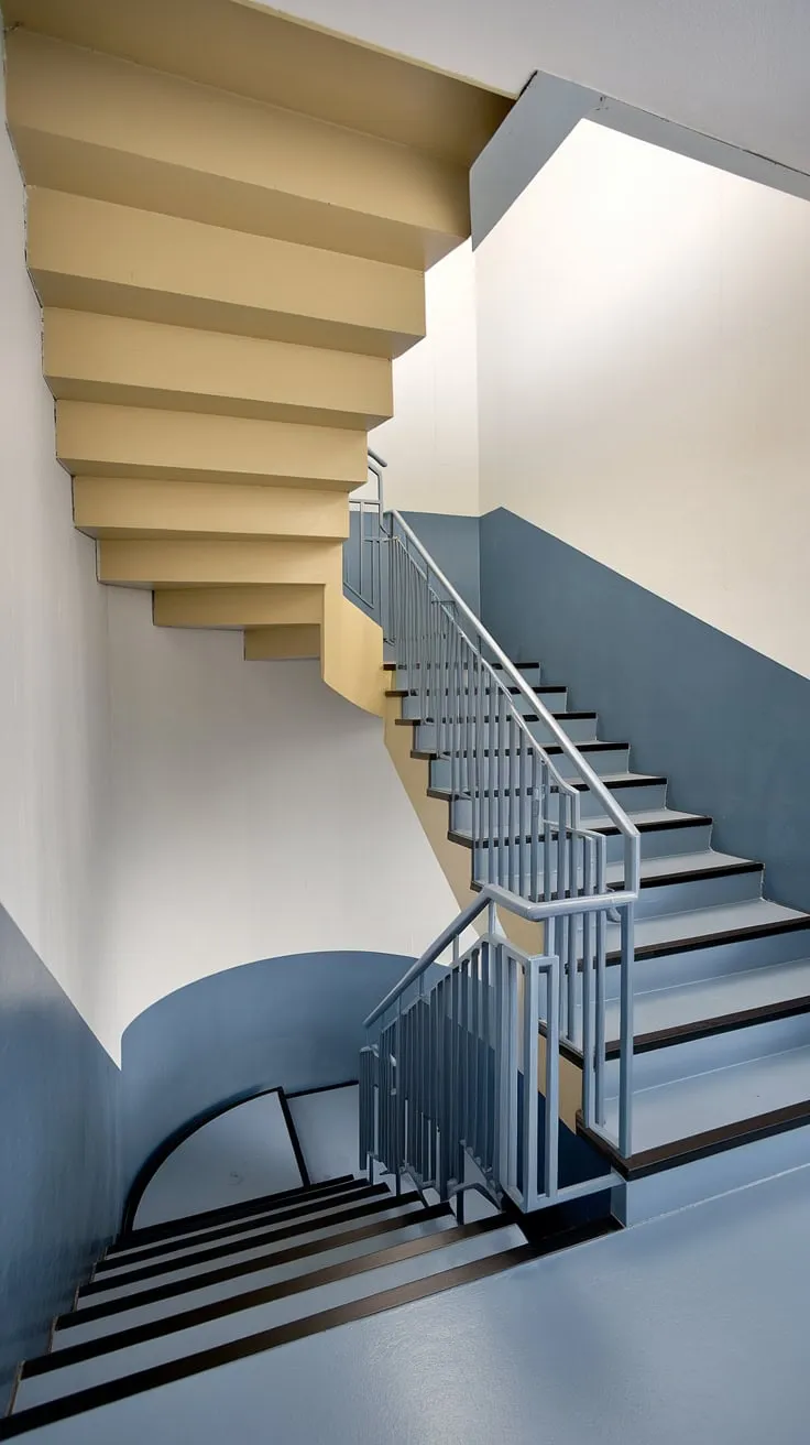 This modern circular staircase, a stunning example of minimalist staircase design, maximizes space with its wide interior stairs and clever spiral staircase design. The two-toned staircase, featuring creative stair railings, adds a touch of Scandinavian staircase design elegance to this small space stair design. Its unique elevation staircase offers a striking focal point.