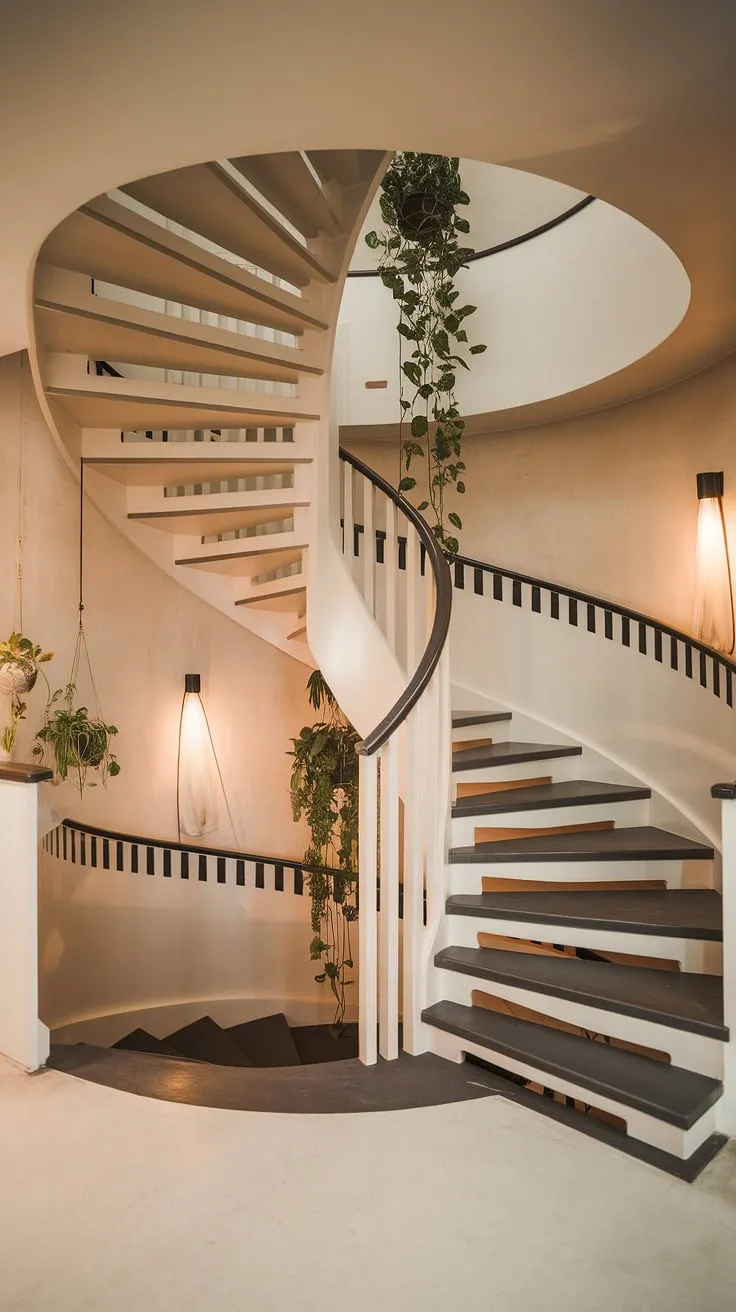 Bathed in warm light, this modern circular staircase, a stunning example of minimalist staircase design, gracefully ascends within a wide interior. The two-toned staircase, a testament to Scandinavian staircase design, features creative stair railings and offers a space-saving solution as a small space stair design. Its spiral staircase design and elevated position make it a show-stopping element of interior stairs ideas, showcasing the best of modern staircase design.
