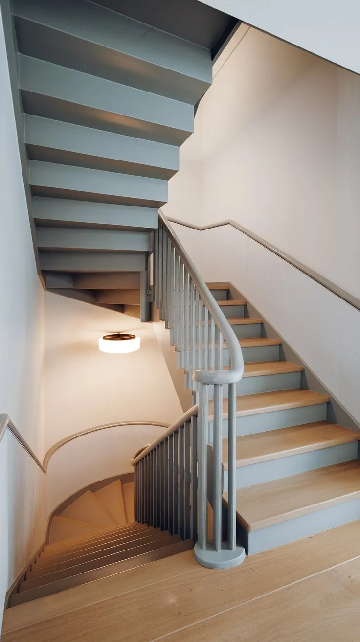 This elevation staircase, a masterpiece of modern staircase design, maximizes space with wide interior stairs and a minimalist aesthetic. The two-toned staircase, featuring creative stair railings and a sleek modern circular staircase element, offers a stunning Scandinavian staircase design solution for small space stair design.
