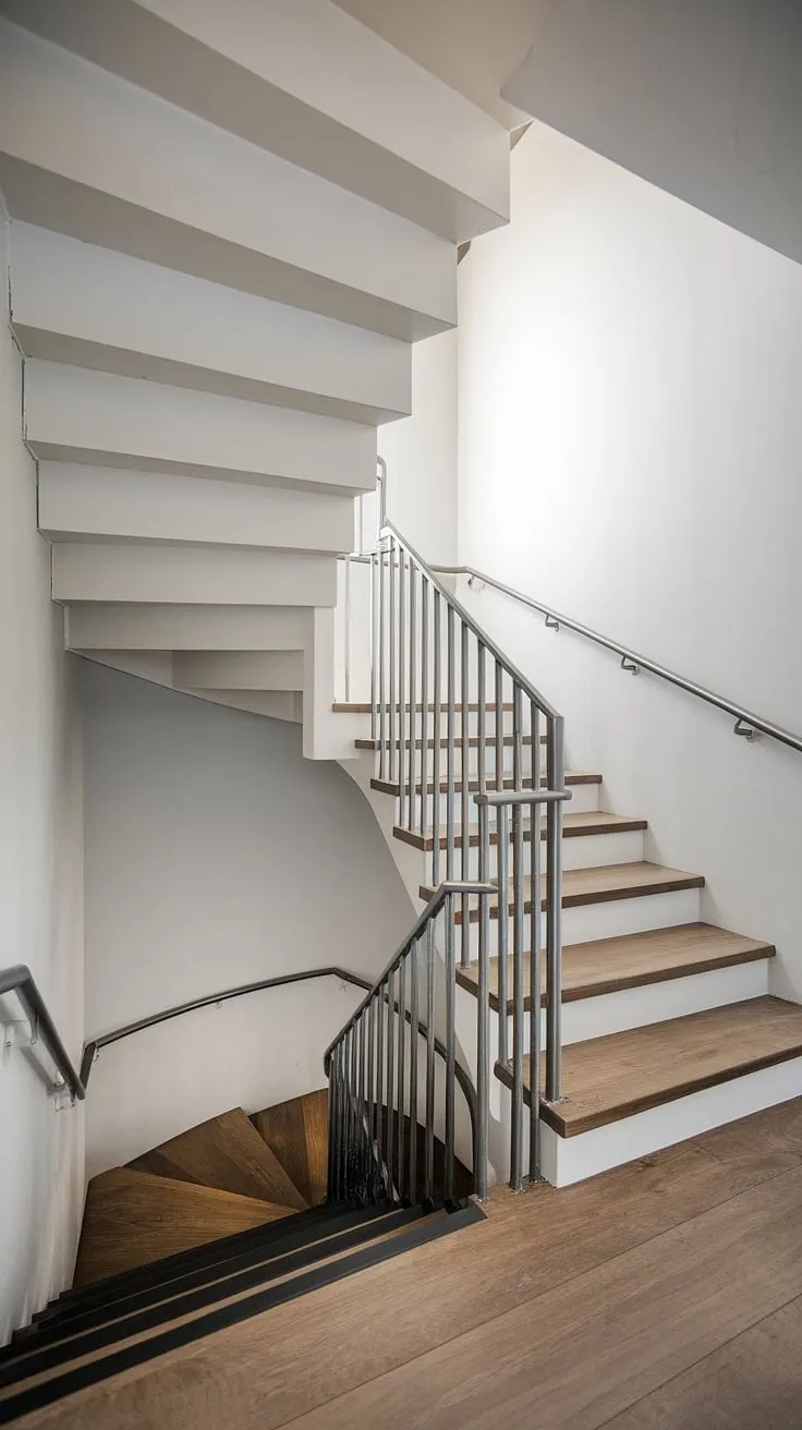 A small space transformed! This Scandinavian staircase design showcases a breathtaking elevation staircase with wide interior stairs. The modern staircase design features a unique spiral staircase design and two-toned finish, complemented by creative stair railings.  A perfect blend of form and function, this minimalist staircase design offers inspiring interior stairs ideas for any home.