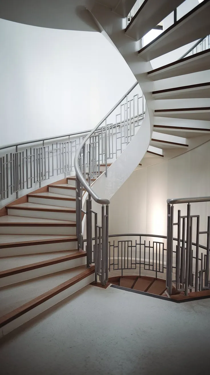 A breathtaking elevation staircase, this Scandinavian staircase design redefines small space stair design. The modern circular staircase features a wide interior stairs and a minimalist staircase design, accented by creative stair railings and a striking two-toned finish.  It's the perfect embodiment of modern staircase design and offers endless interior stairs ideas for those seeking a touch of sophisticated minimalism.