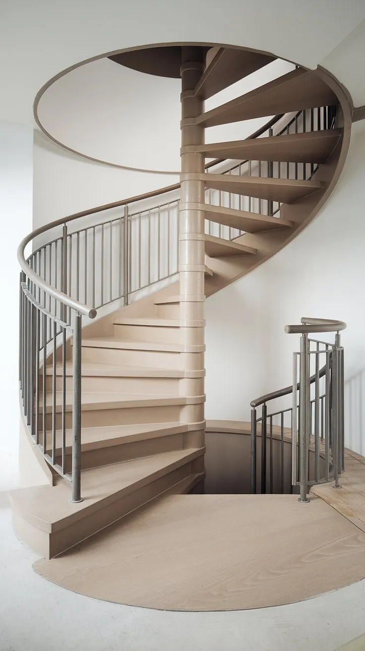 A small space transformed! This spiral staircase design showcases the beauty of a wide interior stairs and a clever elevation staircase. The two-toned staircase, with its sleek, industrial creative stair railings, embodies modern staircase design and Scandinavian staircase design principles.  A perfect blend of form and function, offering inspiring interior stairs ideas for any minimalist staircase design project.