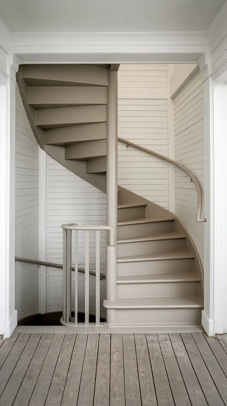 A breathtaking elevation staircase, this spiral staircase design offers a surprising amount of space with its wide interior. The two-toned finish and minimalist staircase design perfectly complement the Scandinavian aesthetic, showcasing creative stair railings and modern staircase design in a small space. An inspiring example of interior stairs ideas.