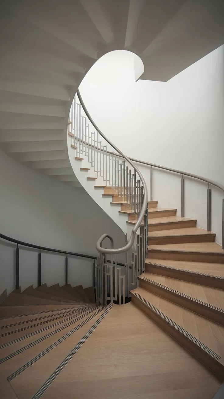 A spiral staircase design showcasing a sophisticated blend of modern staircase design and small space stair design. The two-toned wood and creative metal stair railings contribute to its minimalist staircase design aesthetic, making it an ideal choice for a wide interior. This elevation staircase exemplifies Scandinavian staircase design principles and offers inspiring interior stairs ideas for maximizing space and style.