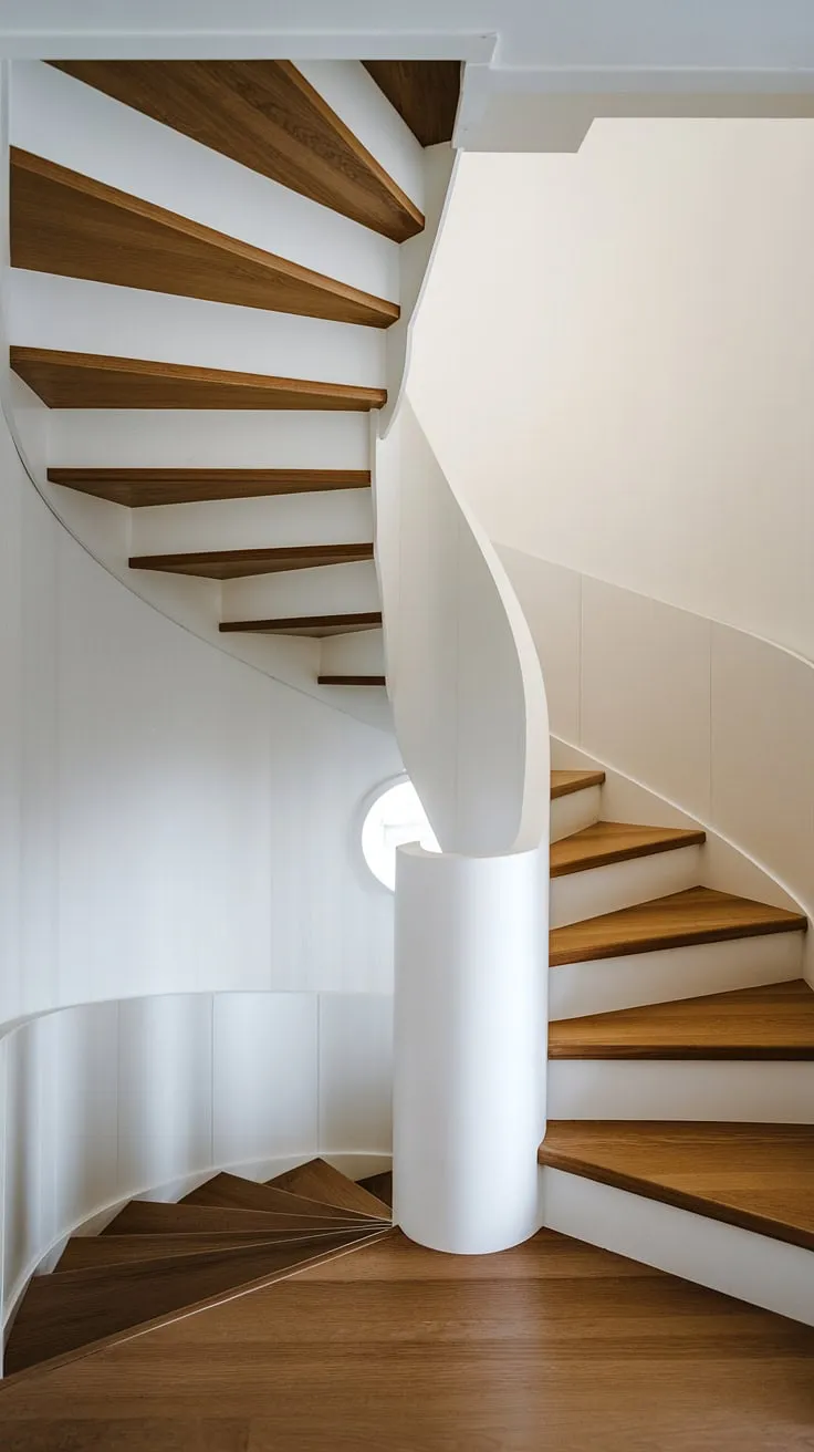 Effortless elegance: This modern circular staircase, a stunning example of minimalist staircase design, maximizes space with its wide interior stairs and creative stair railings. A two-toned staircase masterpiece perfect for small space stair design, showcasing Scandinavian staircase design at its finest.
