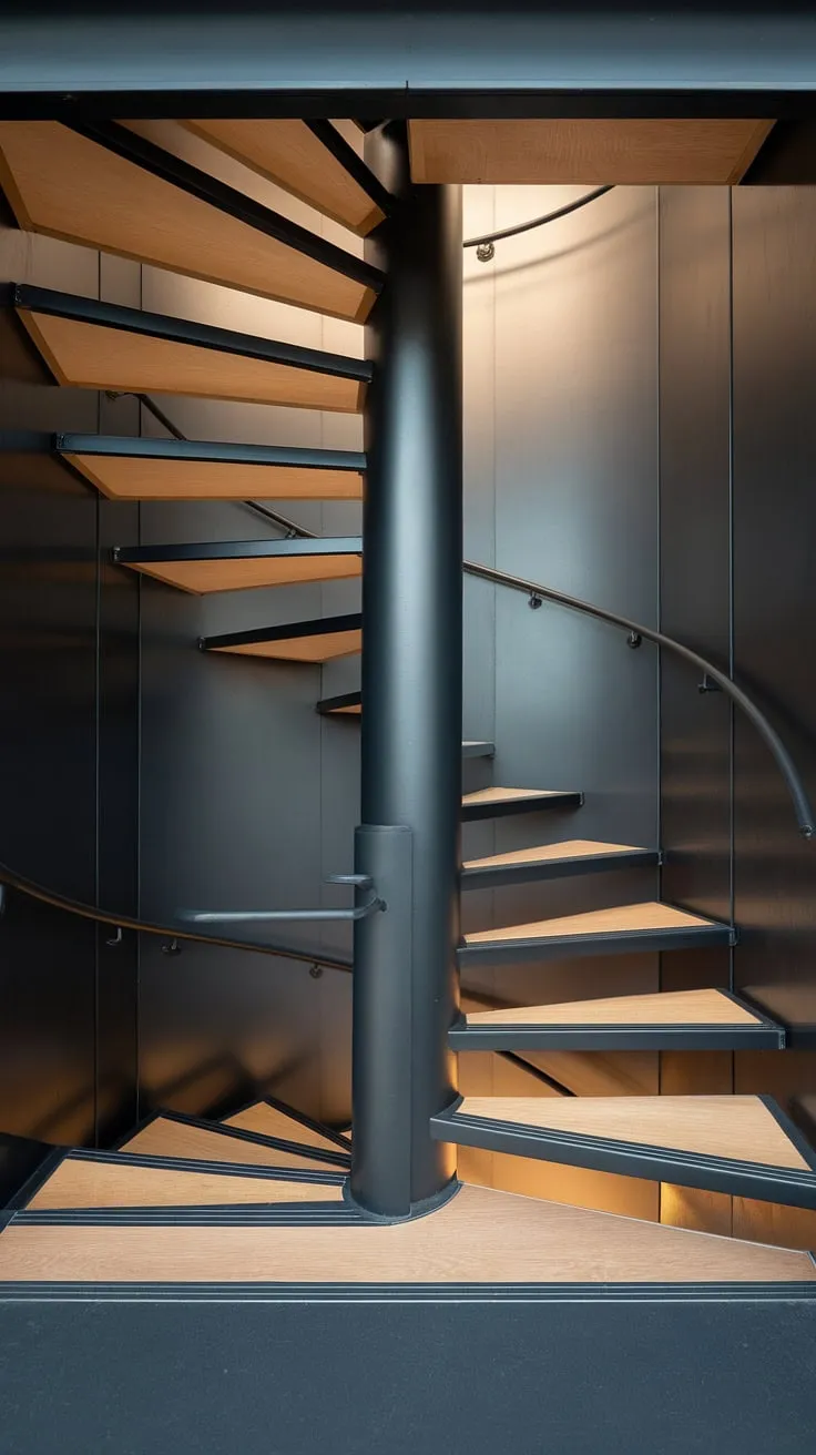 This modern circular staircase, a stunning example of minimalist staircase design, gracefully ascends within a wide interior. The two-toned staircase, featuring matte black metal and light grey wood, showcases a creative stair railing design perfect for small space stair design. Illuminated from below, it elevates the space with its Scandinavian staircase design aesthetic. This elevation staircase is a testament to innovative interior stairs ideas.