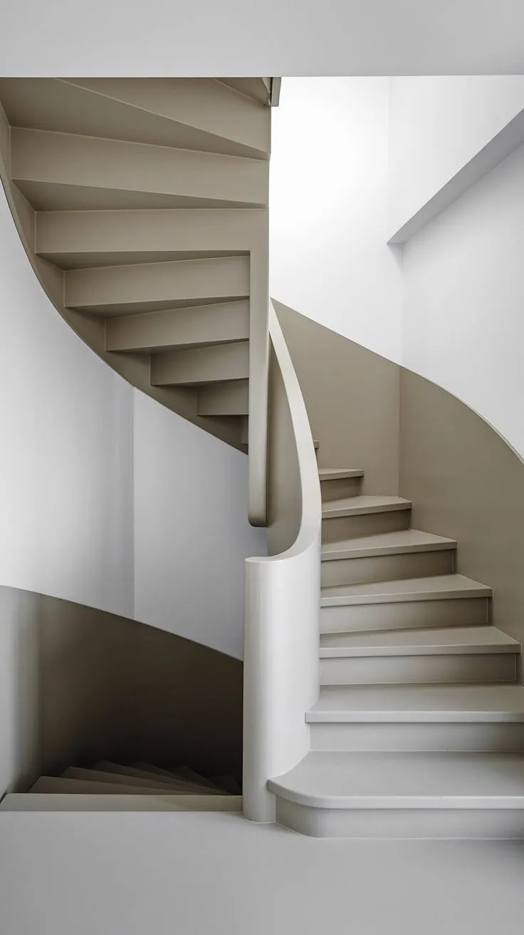 An elevation staircase redefined: this spiral staircase design boasts wide interior stairs and a two-toned staircase in a small space. The creative stair railings and minimalist staircase design perfectly embody Scandinavian staircase design, offering inspiring interior stairs ideas.