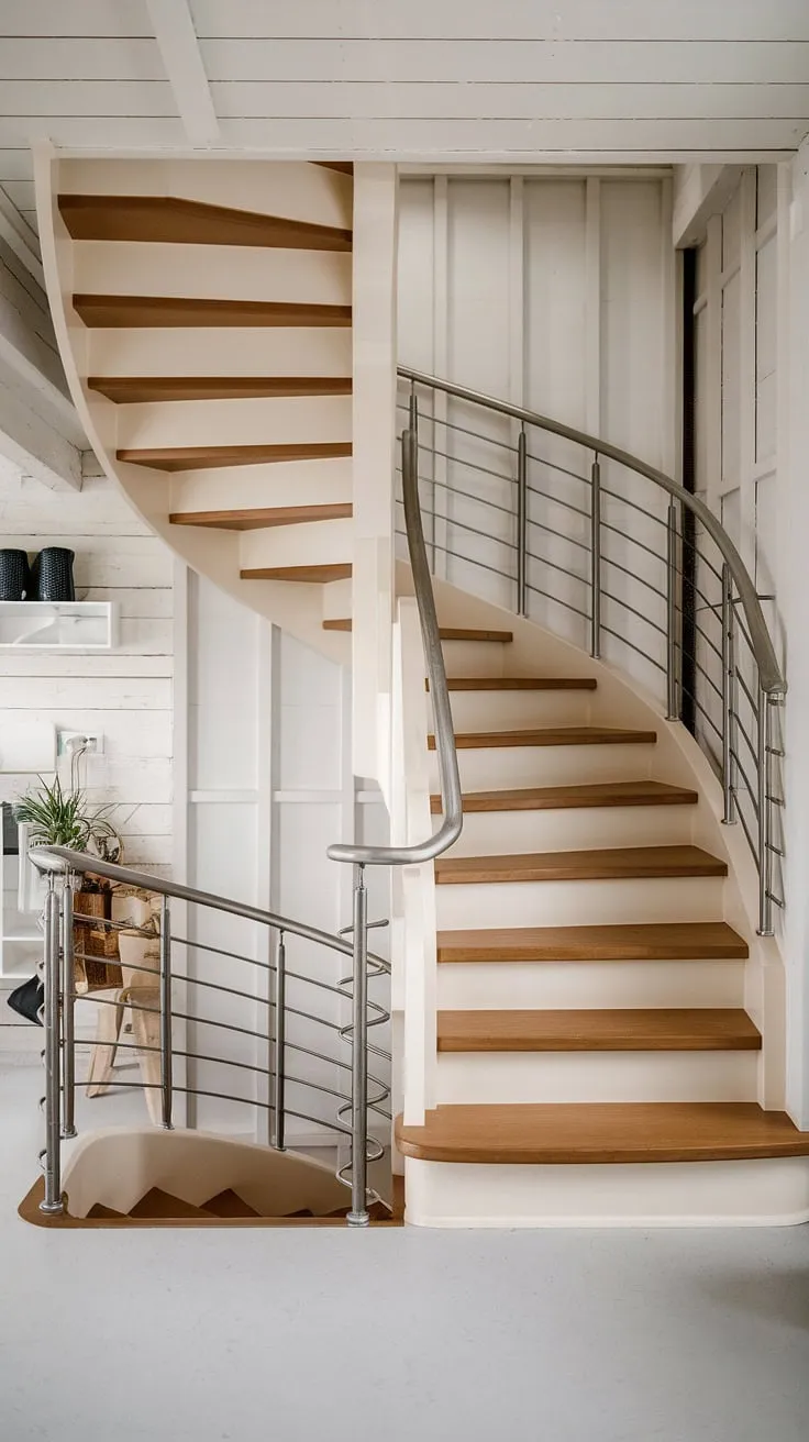 A small space stair design solution that doesn't compromise on style: this elevation staircase boasts a wide, two-toned design and modern staircase design elements, including a striking spiral staircase design and creative stair railings. Perfect interior stairs ideas for a Scandinavian aesthetic.