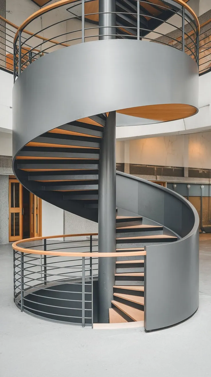 A modern circular staircase, this minimalist staircase design showcases a striking two-toned aesthetic. The spiral staircase design is an ideal small space stair design solution, while also making a statement in this wide interior space. Its creative stair railings and Scandinavian staircase design offer inspiring interior stairs ideas.