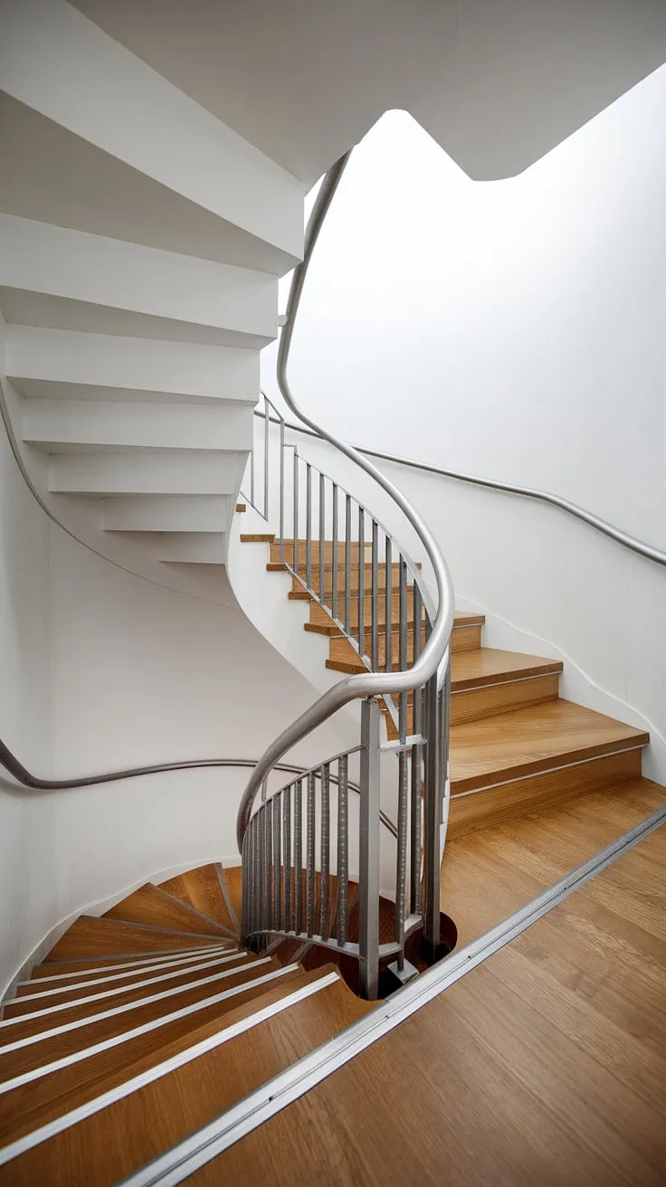 A small space stair design transformed! This wide interior stairs features a striking two-toned staircase elevation and a modern circular staircase design. The minimalist staircase design is enhanced by creative stair railings and a warm wood finish, perfectly embodying Scandinavian staircase design principles. This modern staircase design offers a functional and aesthetically pleasing solution for maximizing vertical space.