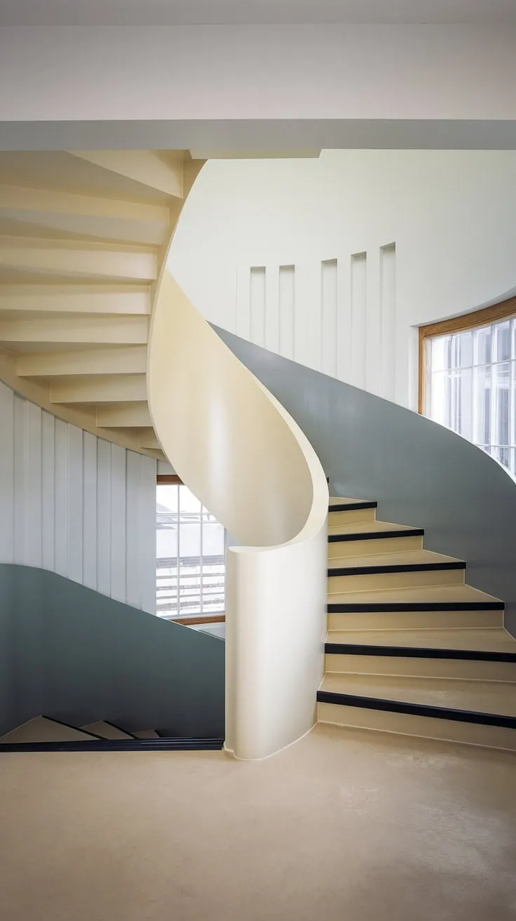 A stunning example of modern staircase design, this spiral staircase design cleverly utilizes a small space to create a dramatic focal point.  The two-toned staircase and creative stair railings embody Scandinavian staircase design principles, offering a sophisticated solution for wide interior stairs and providing inspiring interior stairs ideas.  Its unique elevation staircase perfectly blends form and function.