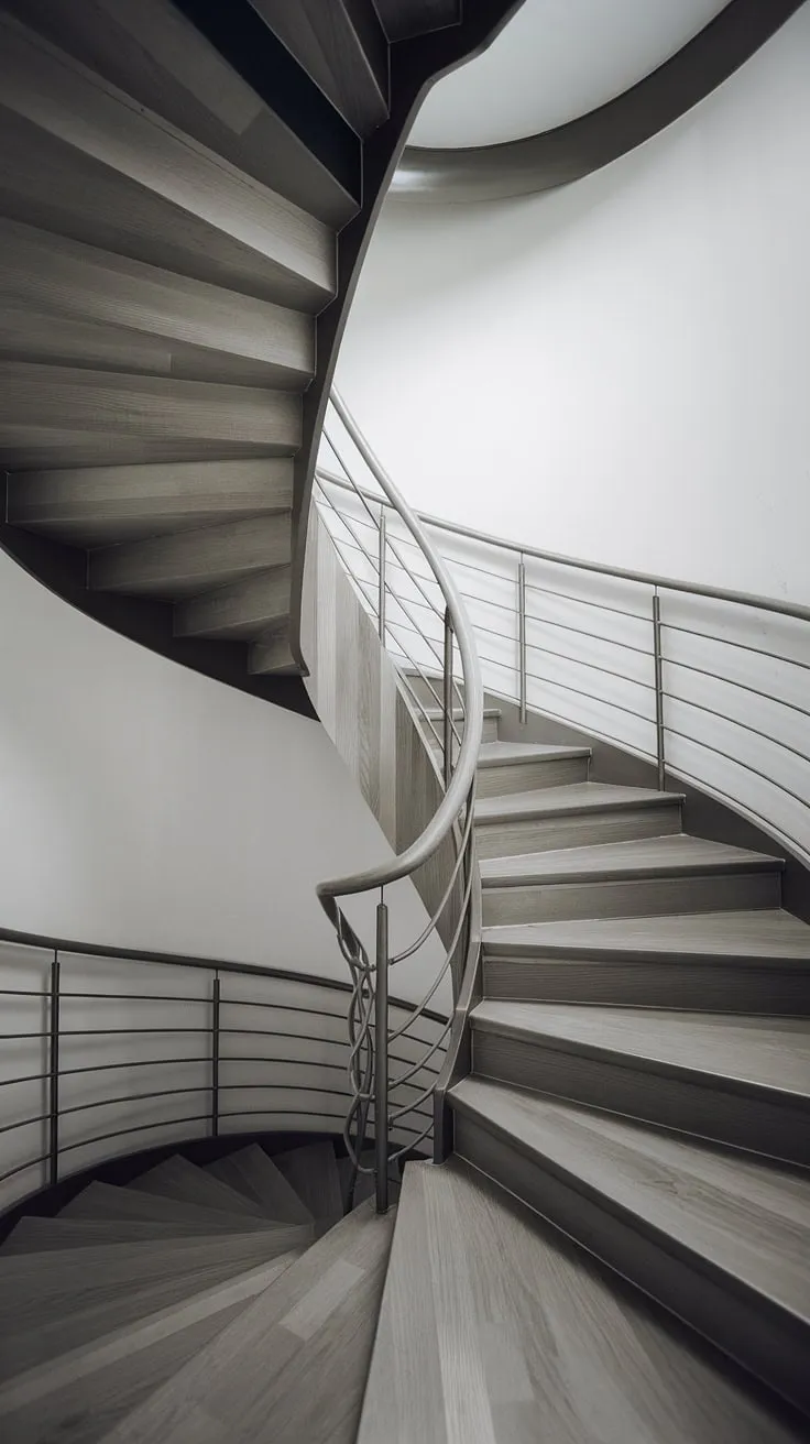 This modern circular staircase, a stunning example of Scandinavian staircase design, maximizes space with its elegant spiral staircase design. The two-toned staircase, featuring wide interior stairs and creative stair railings, offers a minimalist staircase design solution perfect for small space stair design, adding a touch of elevation to any interior.  Its wide, circular design makes it a show-stopping element of modern staircase design, providing ample interior stairs ideas for even the smallest homes.