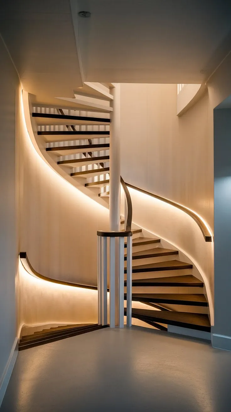 This minimalist staircase design, a stunning example of modern staircase design, maximizes space with its clever spiral staircase design. The two-toned staircase, featuring creative stair railings and a wide interior stairs base, adds a touch of Scandinavian staircase design elegance to this small space stair design.  The warm glow from below elevates the entire elevation staircase, offering inspiring interior stairs ideas.