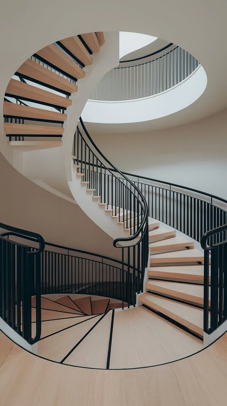 This elevation staircase, a modern circular staircase design, maximizes space in a wide interior with its minimalist Scandinavian design. The two-toned wood and creative stair railings make it a stunning example of small space stair design and interior stairs ideas.
