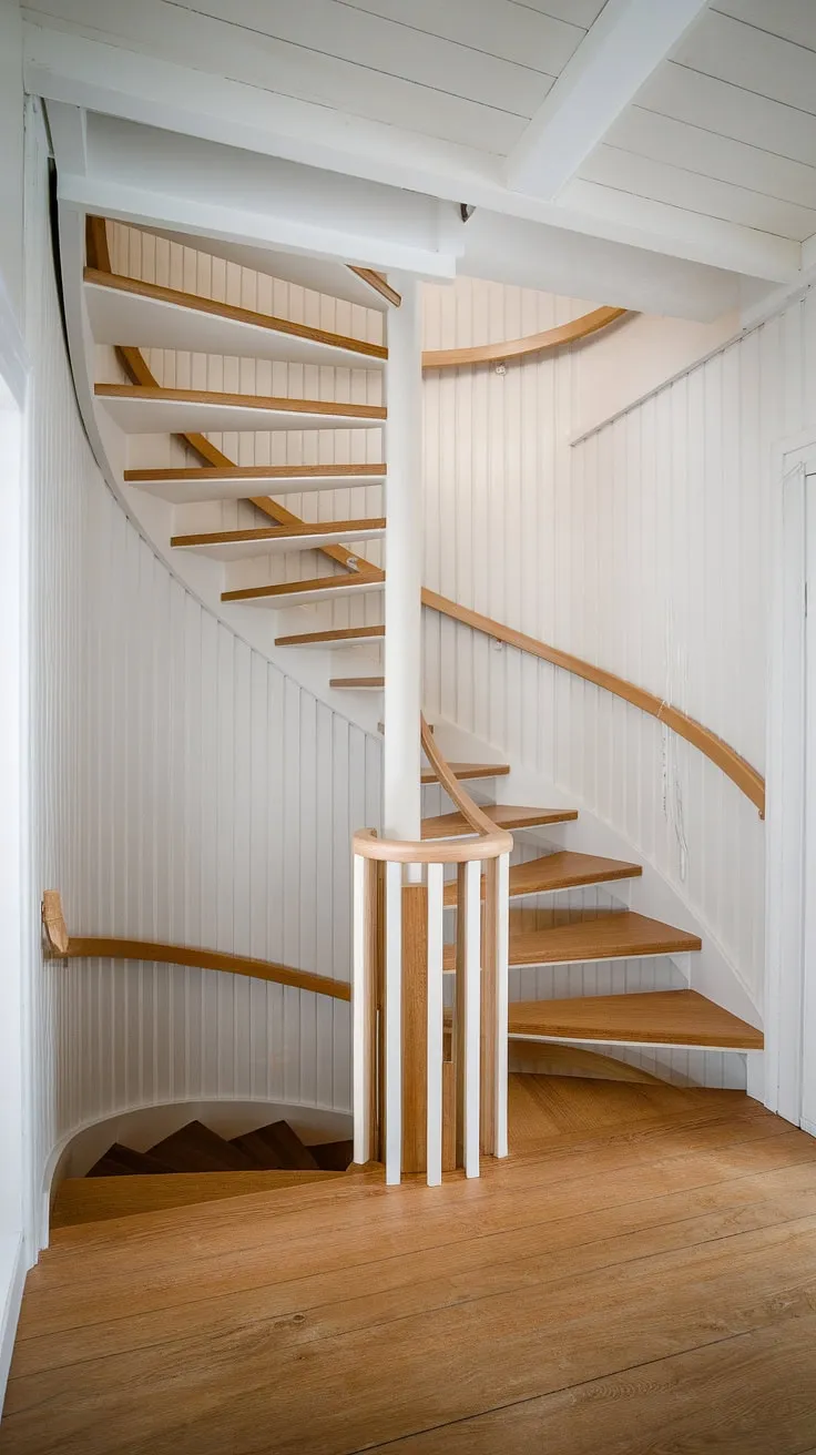 This modern circular staircase, a stunning example of minimalist staircase design, maximizes space with its clever spiral staircase design and wide interior stairs. The two-toned staircase, featuring oak creative stair railings, adds a touch of Scandinavian staircase design to this small space stair design. Its elegant elevation staircase seamlessly integrates into the room's minimalist aesthetic, offering a functional and visually striking interior stairs ideas.
