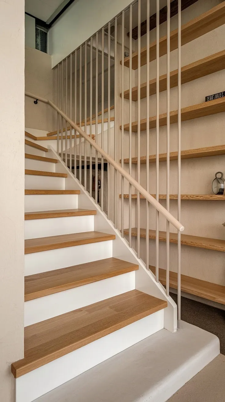 A minimalist staircase design perfectly suited for a small space. This Scandinavian staircase design utilizes wide interior stairs with a striking two-toned oak and white finish, creating an airy feel. The modern staircase design is further enhanced by creative stair railings of sleek white metal rods. This elevation staircase offers a practical and stylish solution, providing ample interior stairs ideas for those seeking a modern circular staircase or spiral staircase design in a compact setting.