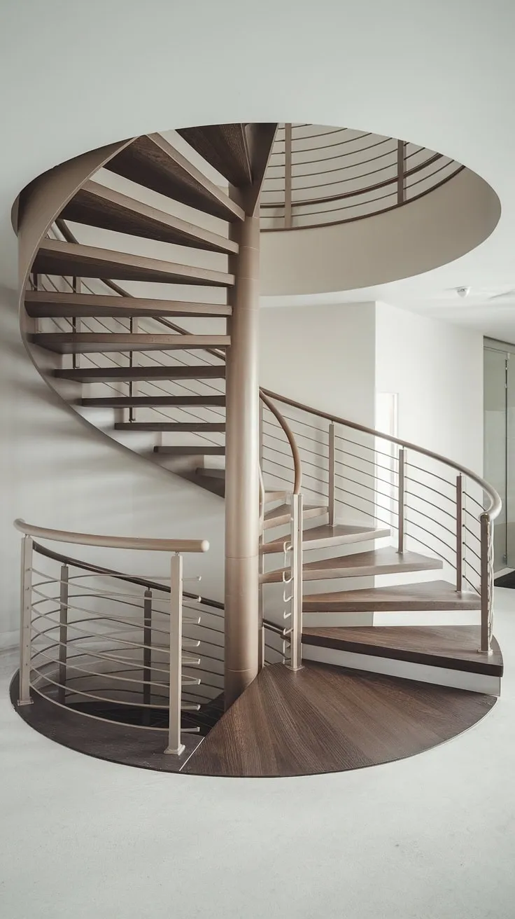A breathtaking modern staircase design: this wide interior stairs solution showcases a spiral staircase design perfect for small spaces. The two-toned staircase, with its minimalist Scandinavian aesthetic and creative stair railings, offers a unique elevation staircase and inspiring interior stairs ideas.