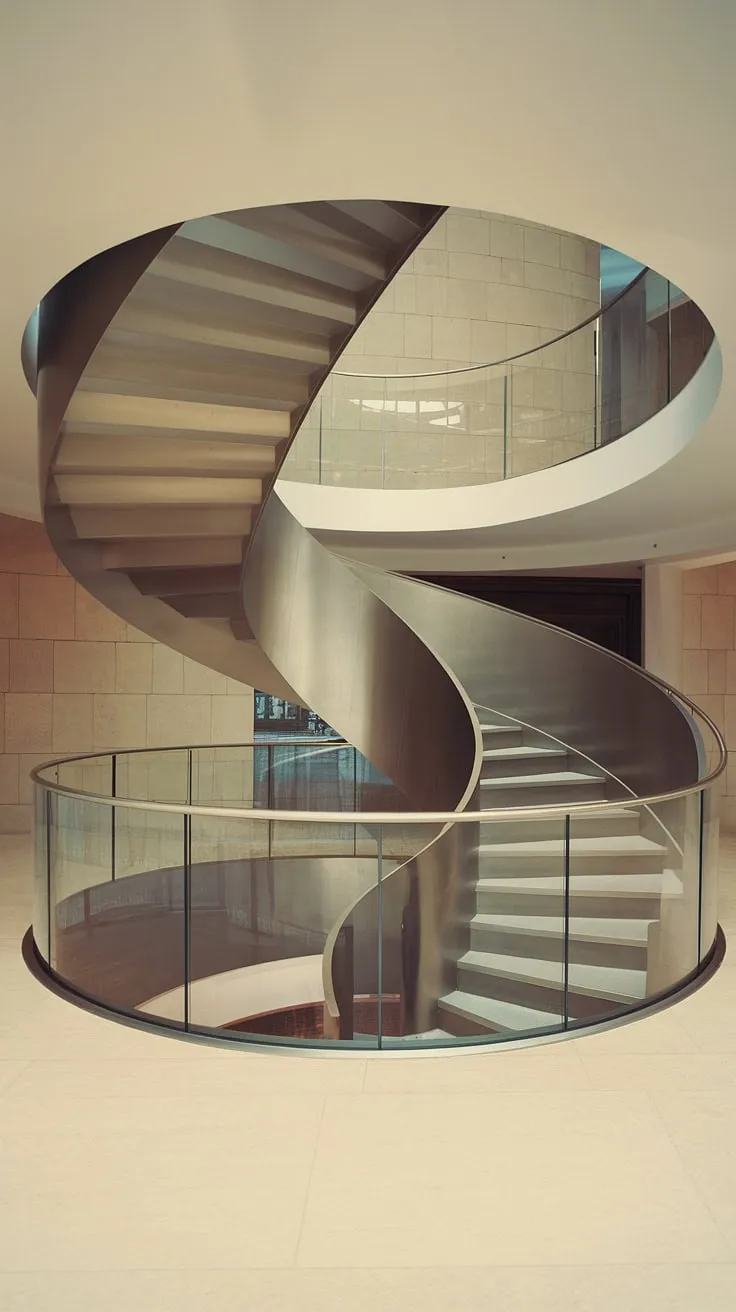 A breathtaking spiral staircase design, this two-toned marvel is the epitome of modern staircase design. Its sleek metal construction and minimalist approach make it ideal for a wide interior stairs setting. The glass railing and circular base contribute to the overall Scandinavian staircase design, offering a sophisticated solution for small space stair design and providing ample interior stairs ideas.