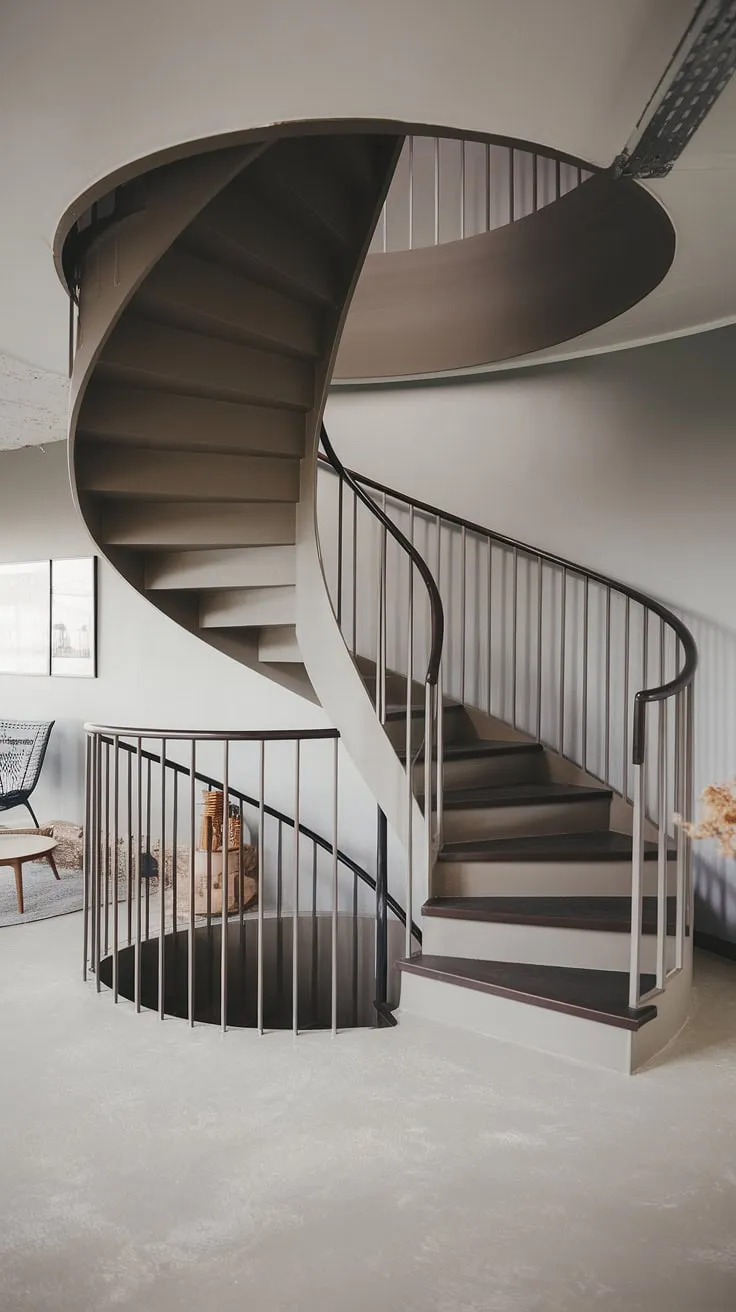 A striking spiral staircase design graces this wide interior, showcasing a perfect blend of modern staircase design and small space stair design. The two-toned staircase, featuring dark grey steps and sleek black creative stair railings, is a testament to minimalist staircase design. This Scandinavian staircase design, with its clever elevation staircase placement, provides a functional and visually appealing focal point, offering fresh interior stairs ideas.