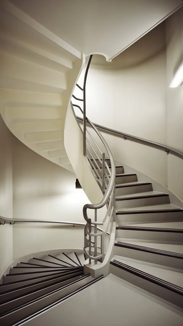 This elevation staircase, a modern circular staircase marvel, maximizes space with its wide interior and minimalist Scandinavian design. The two-toned staircase and creative stair railings complete this small space stair design.