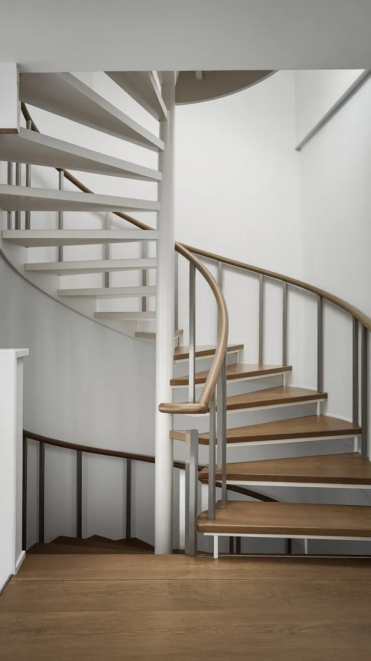 This minimalist Scandinavian elevation staircase maximizes space with its modern circular spiral staircase design and wide interior stairs, showcasing creative stair railings and a stunning two-toned finish.
