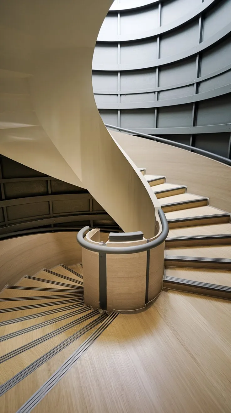A stunning example of modern staircase design, this spiral staircase design cleverly utilizes a small space within a wide interior. The two-toned staircase, featuring a creative stair railing and minimalist aesthetic, offers a fresh take on interior stairs ideas, embodying the best of Scandinavian staircase design.