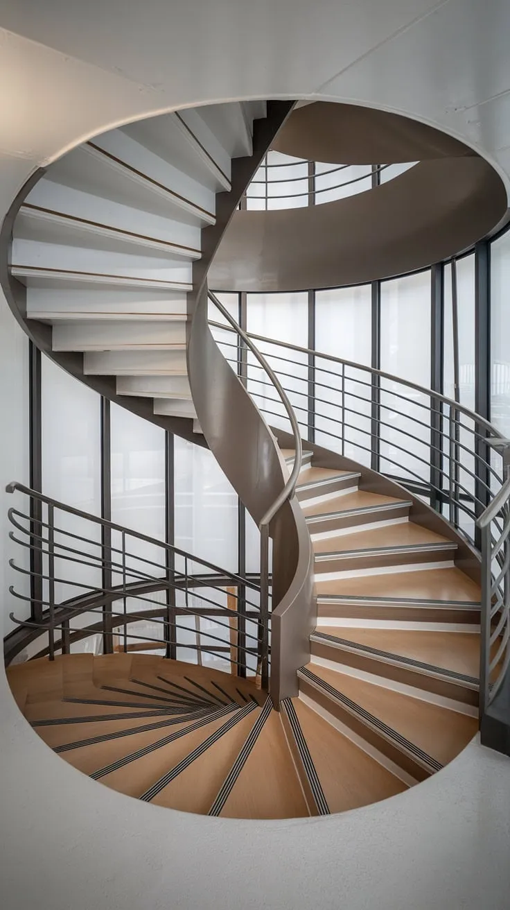 This minimalist staircase design maximizes space and style. The two-toned wood and metal create a striking contrast, while the wide interior stairs and creative stair railings ensure a comfortable ascent.  A perfect example of a modern circular staircase and small space stair design, ideal for Scandinavian interiors seeking elevation staircase solutions.