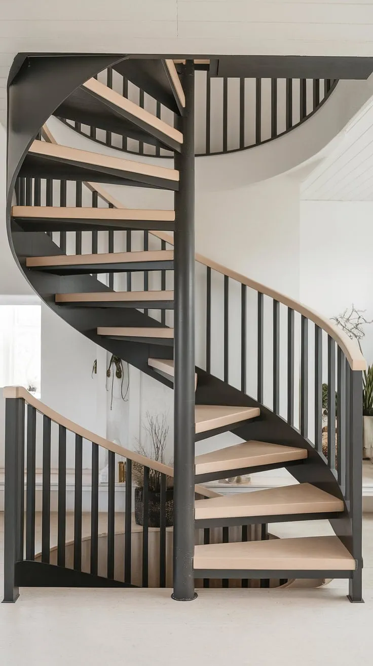 This modern circular staircase, a stunning example of minimalist staircase design, maximizes space with its clever spiral staircase design and wide interior stairs. The two-toned staircase, featuring matte black metal and light beige wood, is a showstopper in this Scandinavian-style room, offering both functionality and aesthetic appeal.  The creative stair railings perfectly complement the elevation staircase, making it an ideal small space stair design and a source of inspiration for interior stairs ideas.