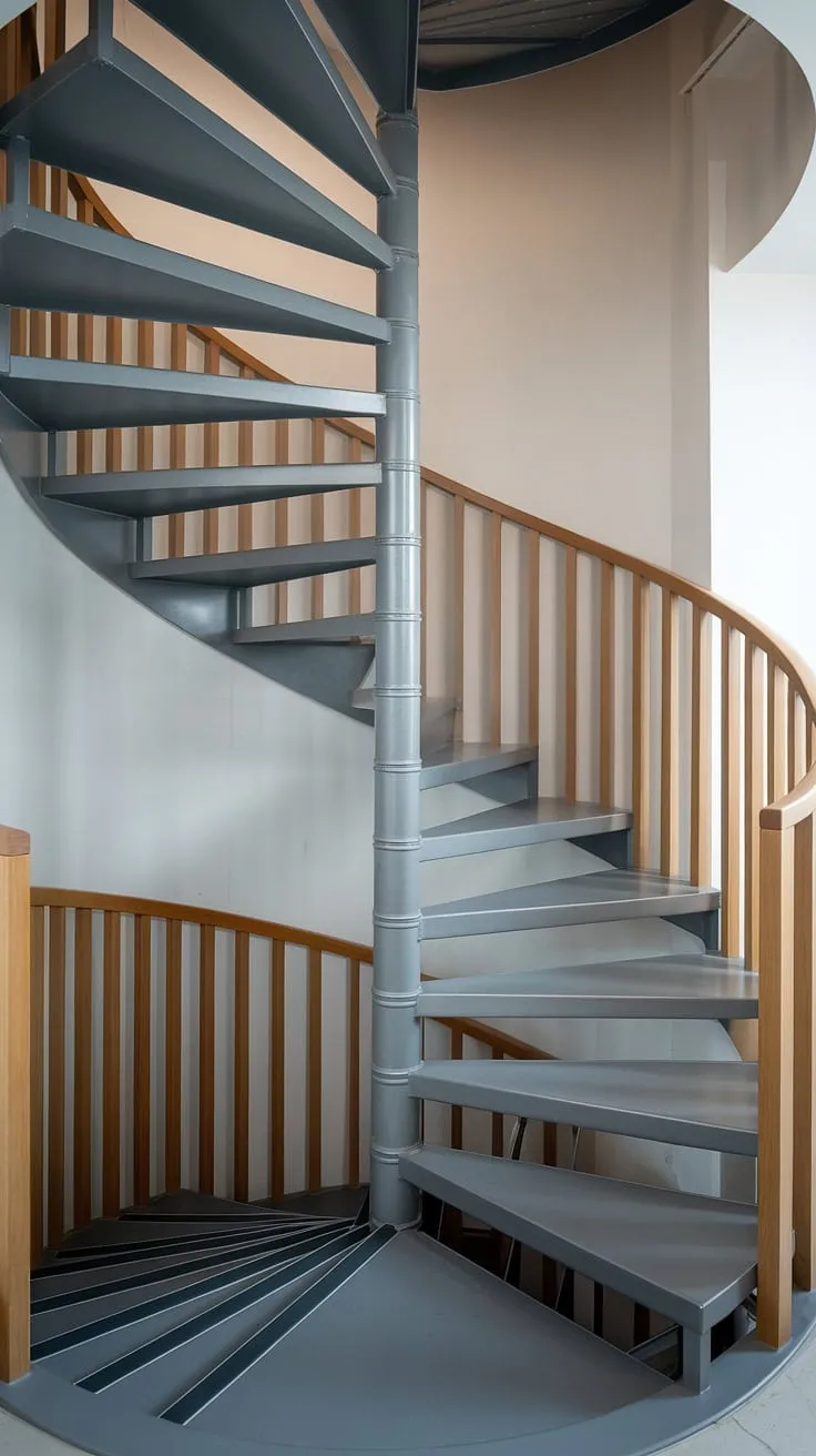This minimalist staircase design maximizes space with its elegant spiral form. The two-toned steel and wood create a striking contrast, while the wide interior stairs ensure comfortable ascent.  A perfect example of a modern circular staircase and small space stair design, showcasing creative stair railings in a Scandinavian staircase design. This elevation staircase is a stunning addition to any modern home, offering a wealth of interior stairs ideas.