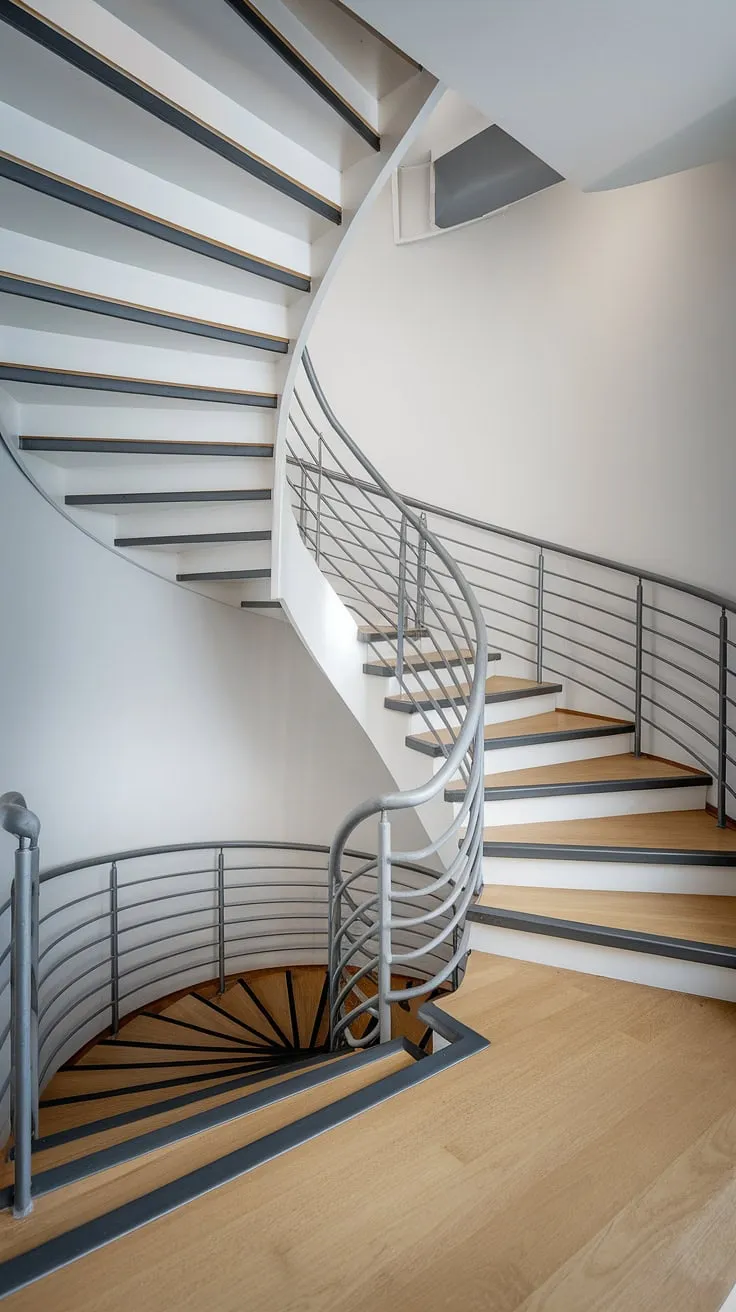 This modern circular staircase, a stunning example of minimalist Scandinavian design, maximizes space with its wide interior and creative stair railings.  The two-toned wood and metal construction elevates the small space, offering a unique spiral staircase design perfect for modern interior stairs ideas.