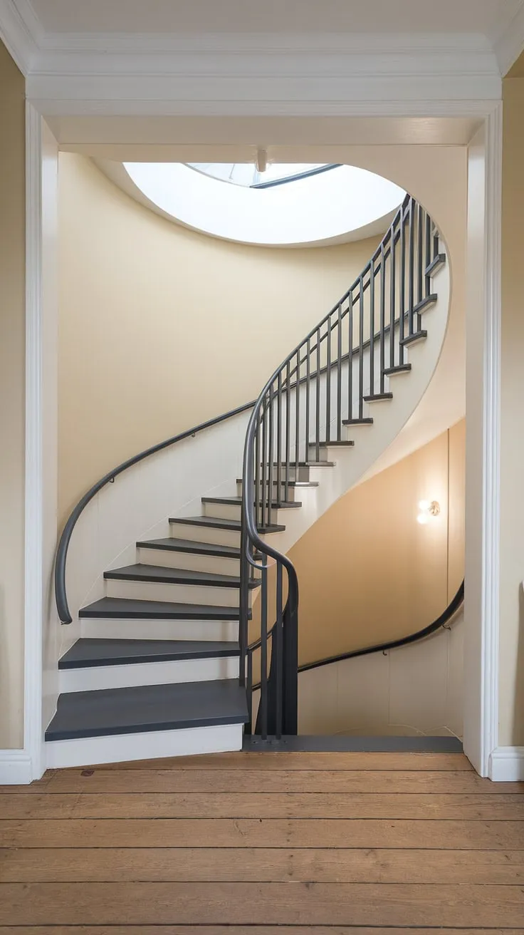 A modern spiral staircase design effortlessly elevates this small space. The two-toned finish and sleek, matte black creative stair railings exemplify modern staircase design. This wide interior stairs solution offers both functionality and visual appeal, a perfect example of Scandinavian staircase design and interior stairs ideas. The minimalist staircase design and its clever elevation staircase placement are a masterclass in small space stair design.