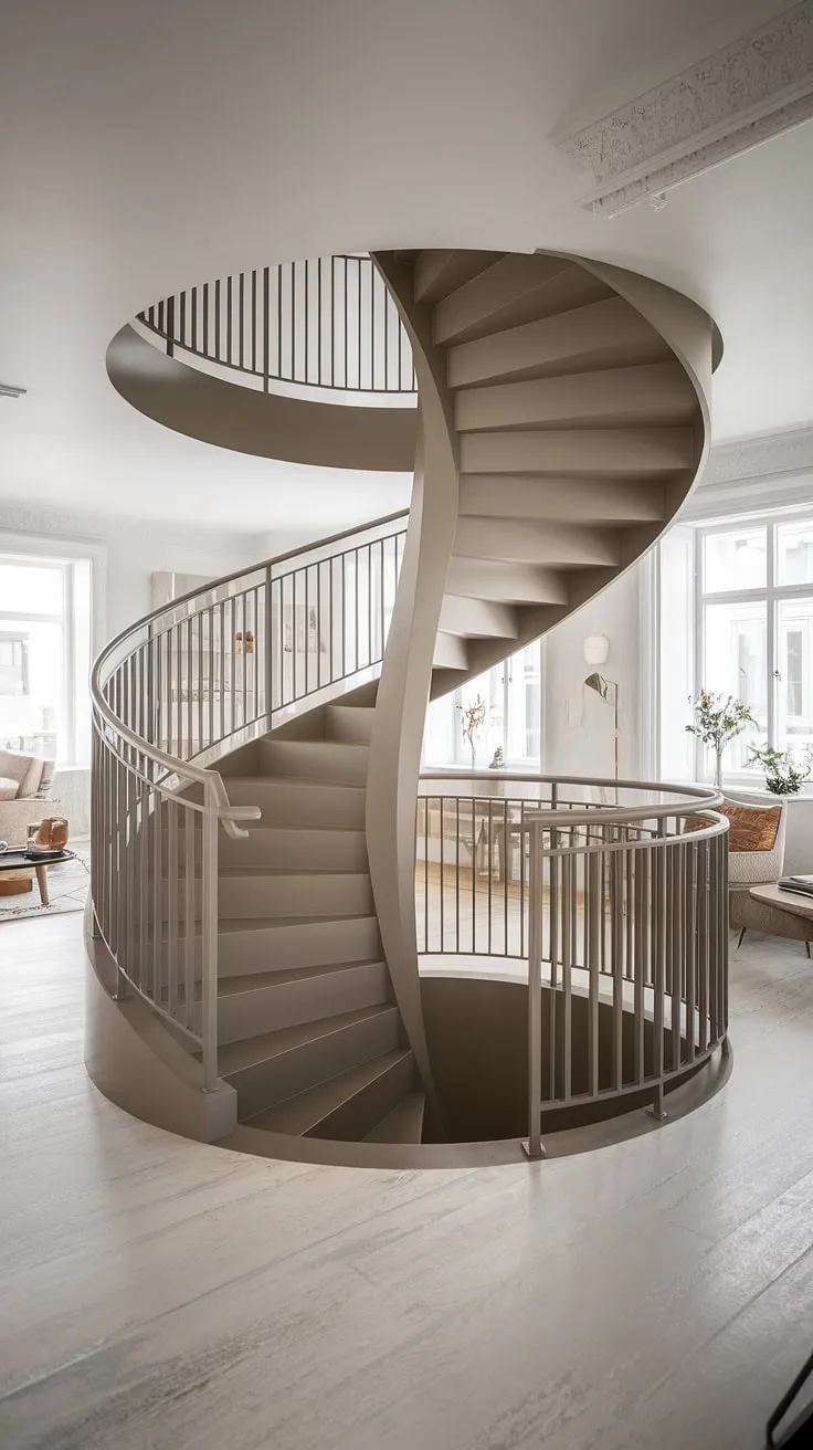 A spiral staircase design reimagined: this small space stair design showcases a breathtaking modern staircase design. The two-toned staircase and creative stair railings perfectly complement the Scandinavian staircase design and wide interior, offering inspiring interior stairs ideas for those seeking a unique elevation staircase.