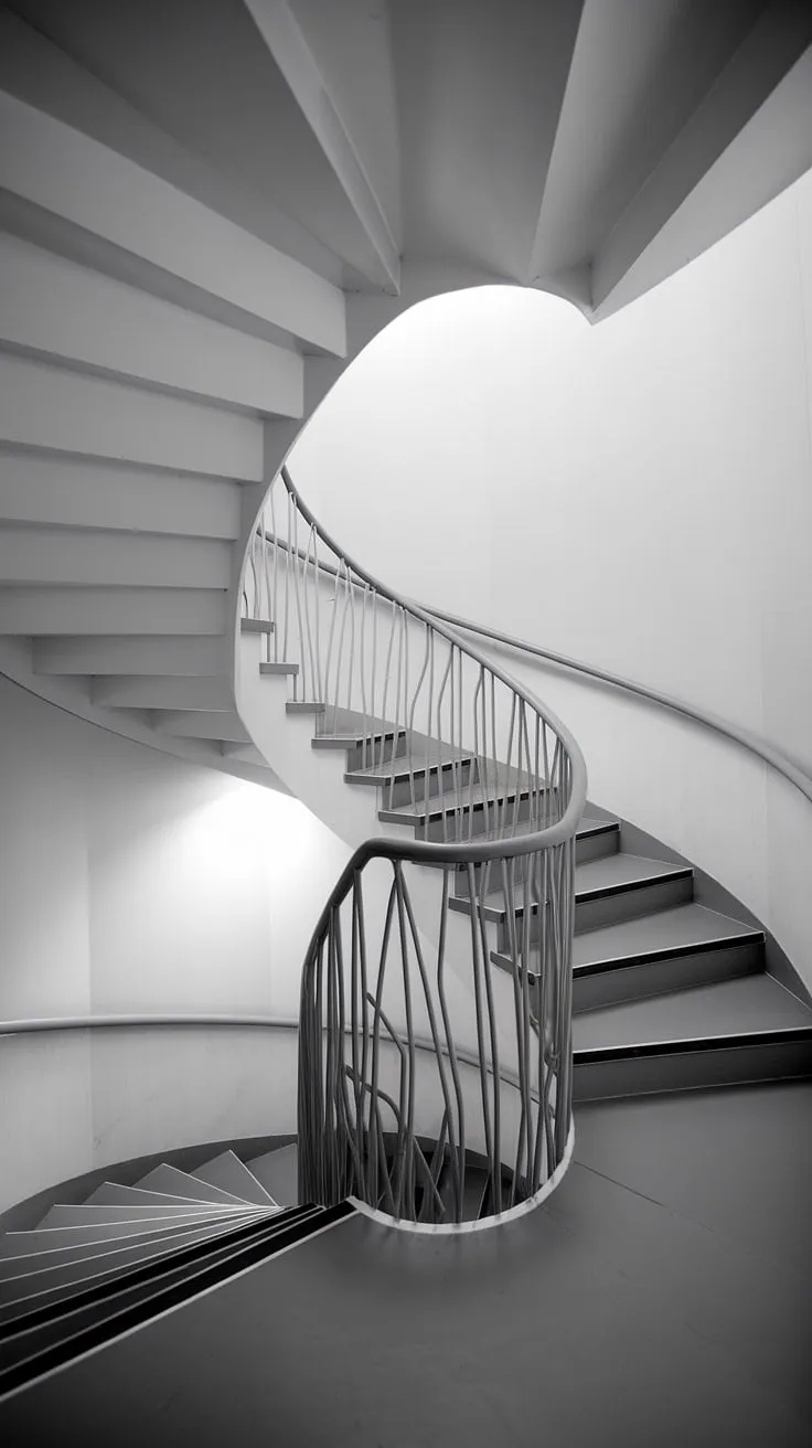 This modern circular staircase, a stunning example of minimalist staircase design, maximizes space with its wide interior stairs and clever spiral staircase design.  The two-toned finish and creative stair railings, echoing Scandinavian staircase design principles, elevate this small space stair design to a work of art.  A perfect illustration of interior stairs ideas for modern homes.