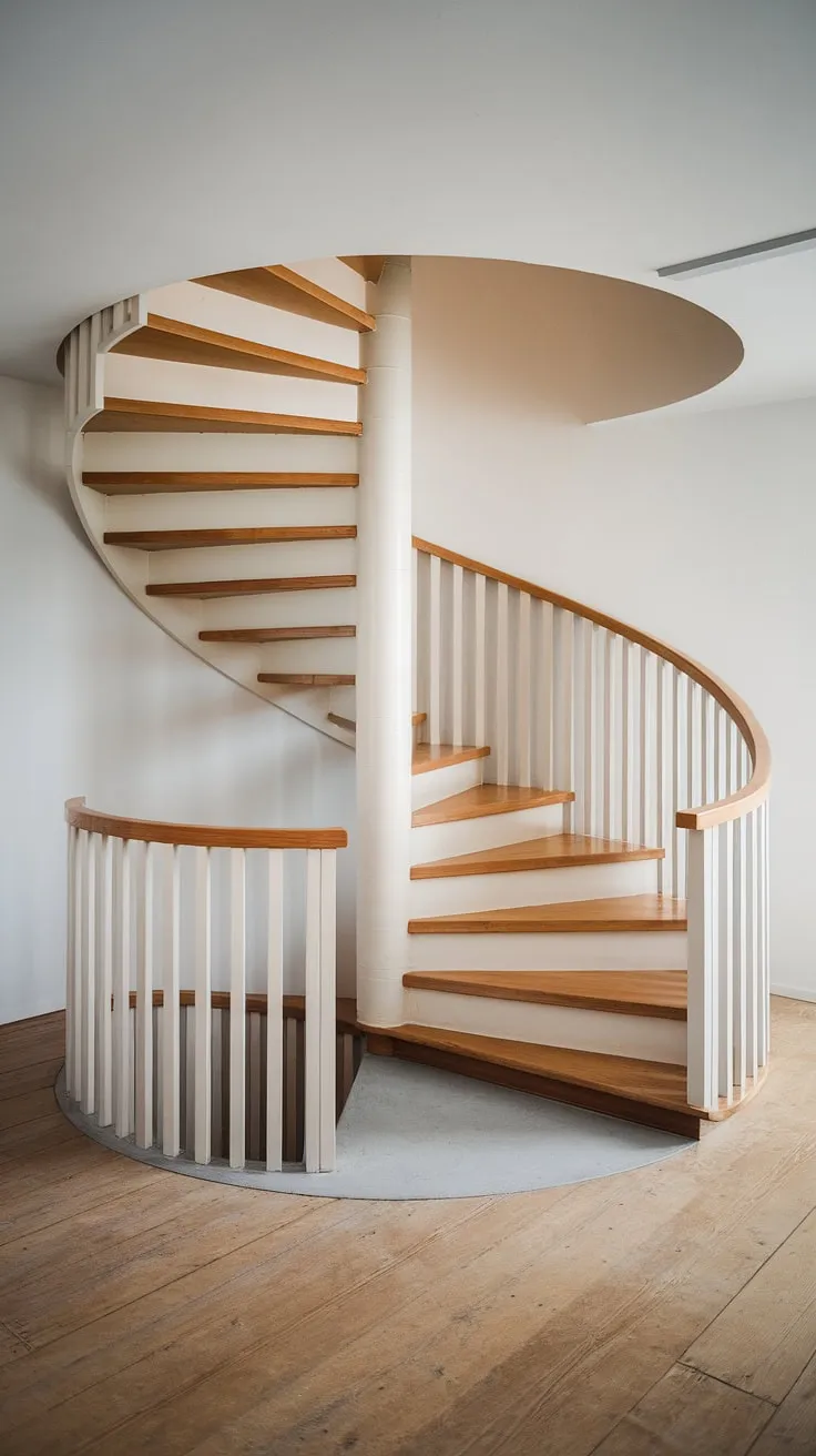 A small space stair design doesn't have to compromise on style. This Scandinavian staircase design showcases a breathtaking modern staircase design, with its two-toned wood and concrete construction and wide interior stairs. The spiral staircase design and creative stair railings make it a show-stopping elevation staircase, offering a perfect blend of minimalist staircase design and functionality.  Explore more interior stairs ideas with this inspiring example.
