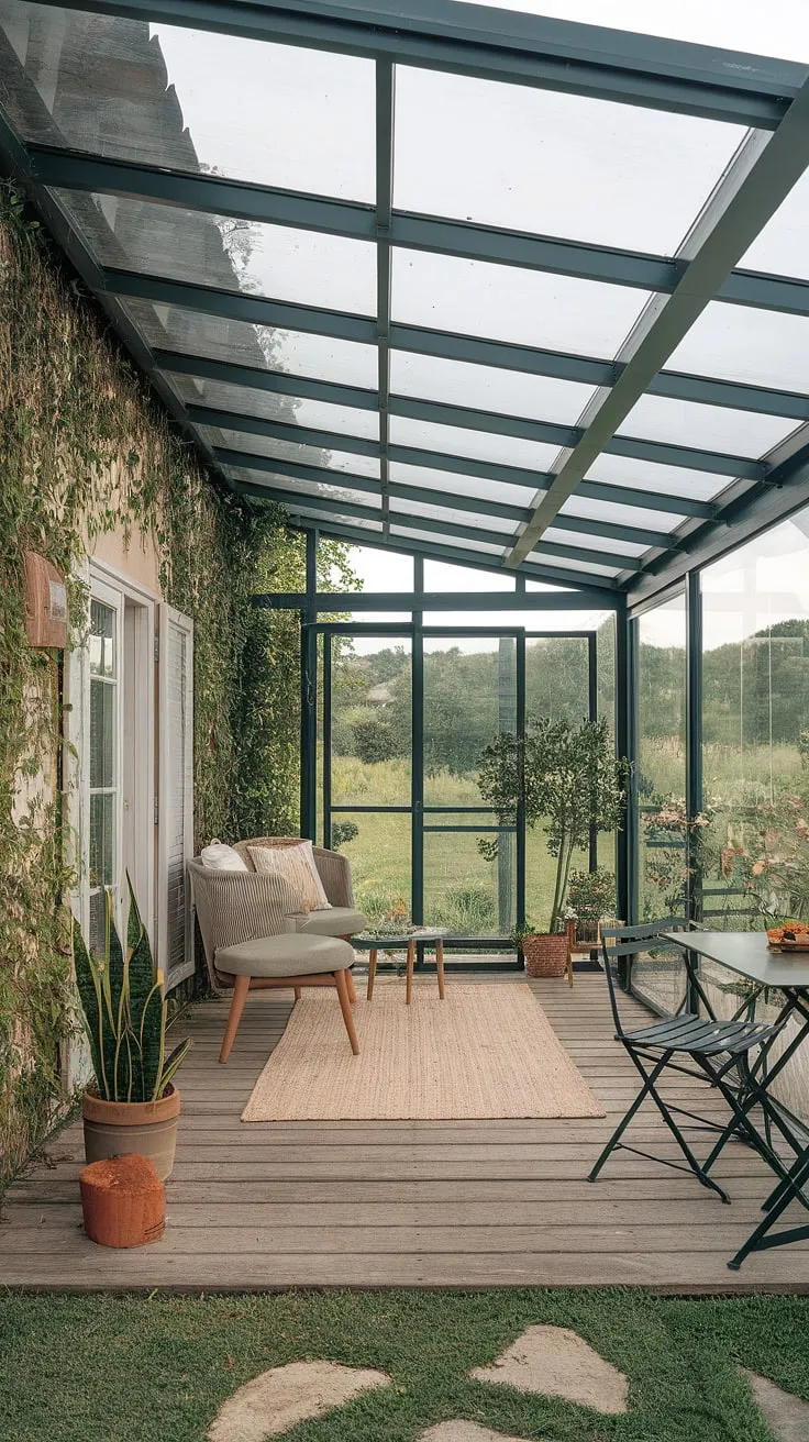 Imagine waking up to sunlight streaming through the plexiglass roof of your sunroom. This enclosed patio room, a haven of tranquility, features a glass roof porch and a screened porch feel, creating a covered patio perfect for unwinding.  The adjacent clear roof patio, with its inviting table and chairs, extends the space, offering a covered deck and veranda-like ambiance overlooking a breathtaking landscape.