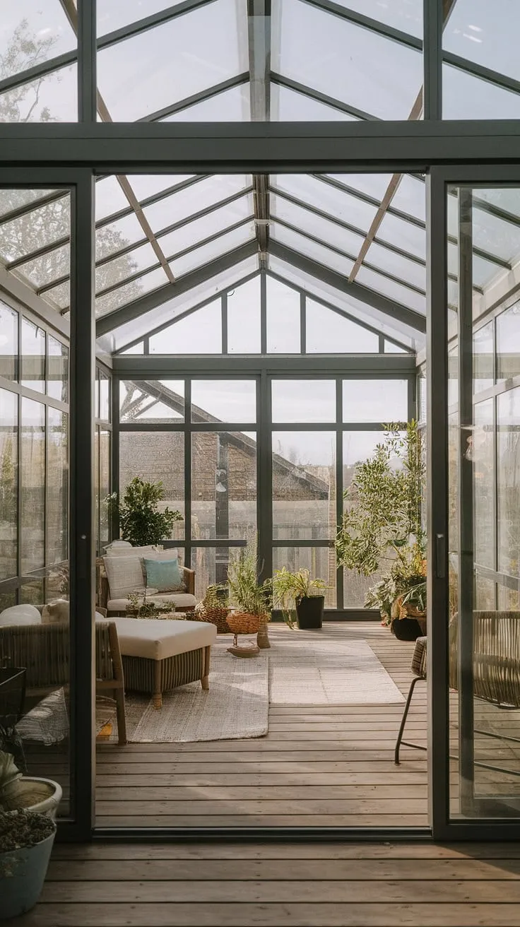 Imagine relaxing on the wooden deck of your clear roof patio, surrounded by lush greenery. This enclosed patio room, with its glass roof and screened porch design, provides a tranquil retreat.  The sunroom-like space, reminiscent of a charming gazebo, offers the perfect blend of comfort and natural light, creating a truly unique covered patio experience.