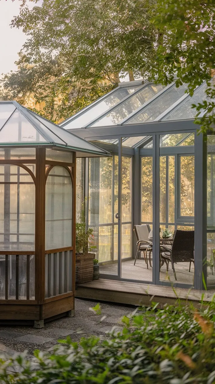Imagine relaxing in this sun-drenched sunroom, a covered patio bathed in natural light streaming through the glass roof porch. The enclosed patio room, with its covered deck and screened porch, offers a tranquil escape, while the nearby gazebo with its plexiglass roof provides an additional space for enjoyment. This clear roof patio and veranda create a truly magical outdoor living experience.