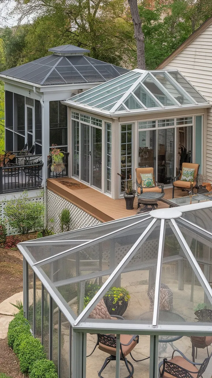 Escape to your own private oasis, where a sun-drenched sunroom with a glass roof beckons, seamlessly flowing into a covered deck with a plexiglass roof.  Beyond, a screened porch offers shaded respite, while a charming gazebo with a clear roof patio and lush veranda provides the perfect spot for al fresco dining. This idyllic retreat boasts the ultimate in outdoor living, encompassing an enclosed patio room for year-round enjoyment.