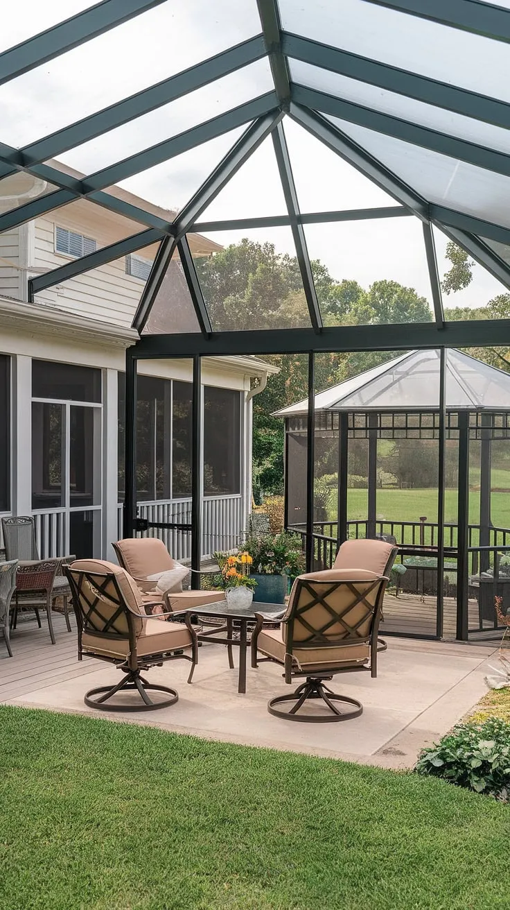 Escape to your own private paradise. This home boasts a stunning array of outdoor living spaces, from the sun-drenched enclosed patio room with its glass roof, to the covered deck with plexiglass roof, the inviting screened porch, and the elegant veranda.  A charming gazebo with a clear roof patio completes the picture, all overlooking a lush, vibrant garden.